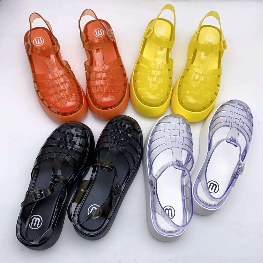 Fashionable PVC Thick-Heeled Women's with Hollowed-Out Breathable Platform Jelly Falt Soles Solid Colors Sandals