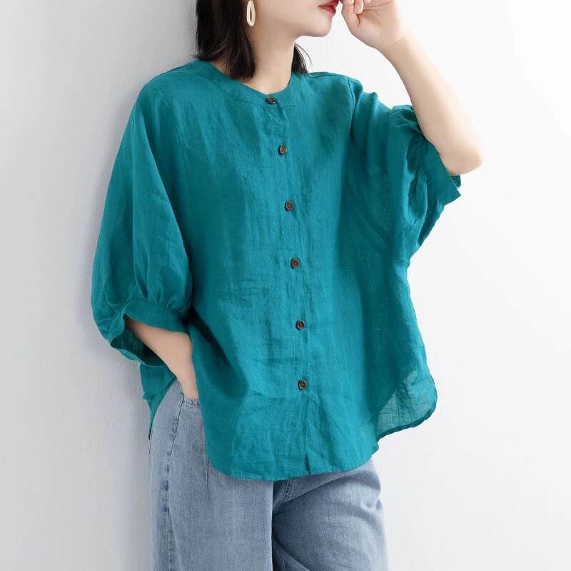 Womens linen pure cotton casual loose short sleeved Oneck fully matched shirt and single seam solid top 250312