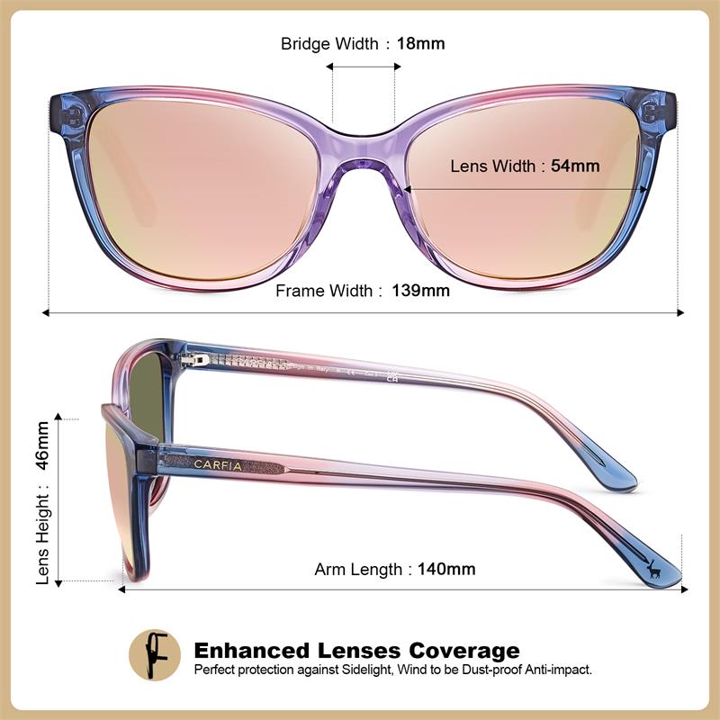 CARFIA Designer Acetate Womens Polarized Sunglasses Small Face Trendy Shades UV Protection Hypoallergenic Hand-crafted