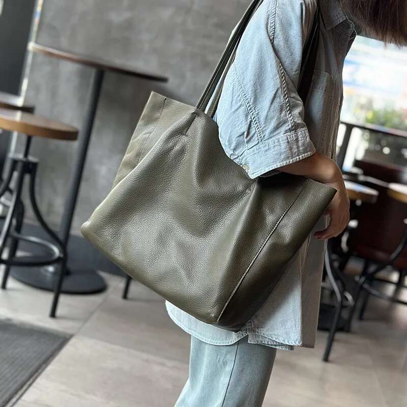 Johnature 2025 New Autumn Winter Large Shopping Genuine Leather Casual Simple Solid Color Lightweight Women Tote Bag