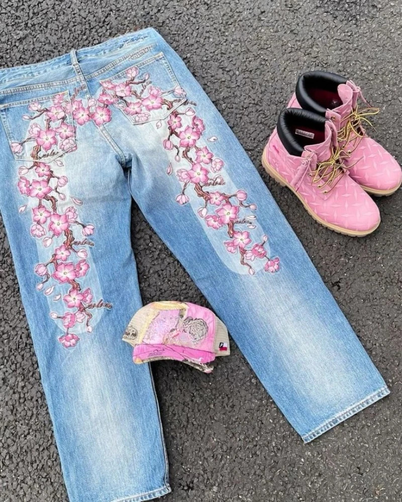 Harajuku pants men cherry blossom Embroidery Hip Hop y2k streetwear jeans men women Retro fashion Casual wide leg Denim Pants 250321