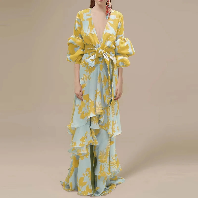 Women Retro Print Ruffle Party Dress Elegant Deep V-neck Lantern Sleeve Long Dress Fashion Tie-up Waist Irregular Bohemian Dress 250322