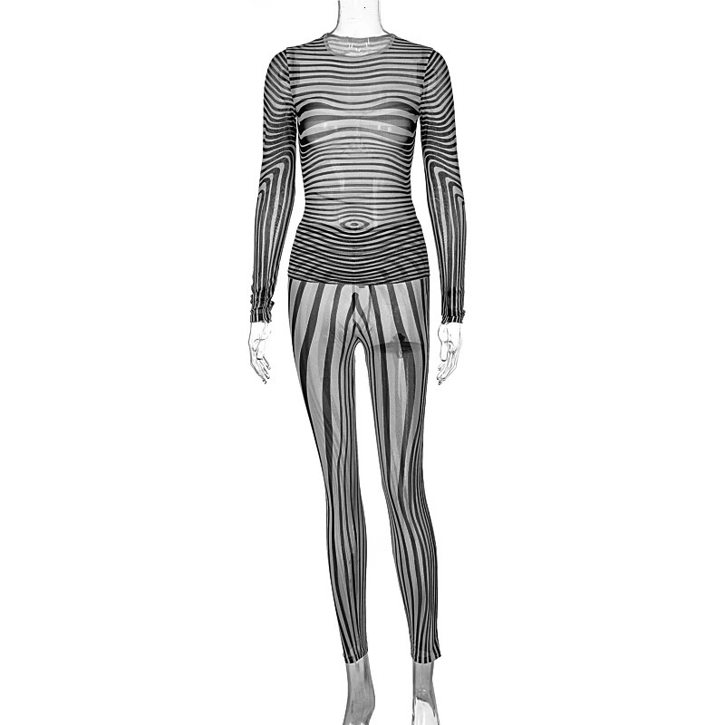 Sexy Hipster Long Sleeve O-Neck Female Streetwear Outfits Mesh Striped Two Piece Set Women Sheath Body-Shaping High Street 250322