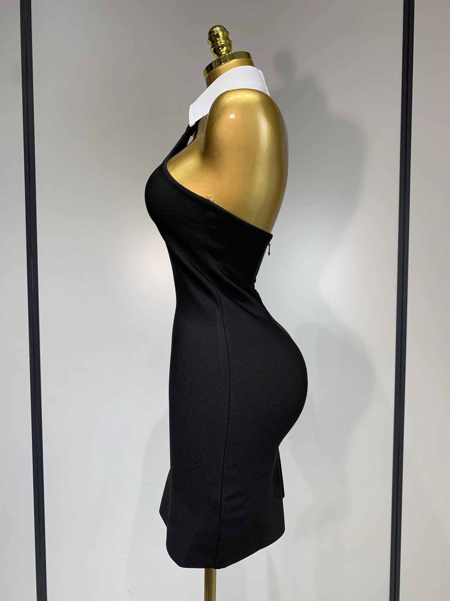 Womens sexy backless white shirt collar black mini body bandage dress elegant nightclub party luxurious birthday 250320