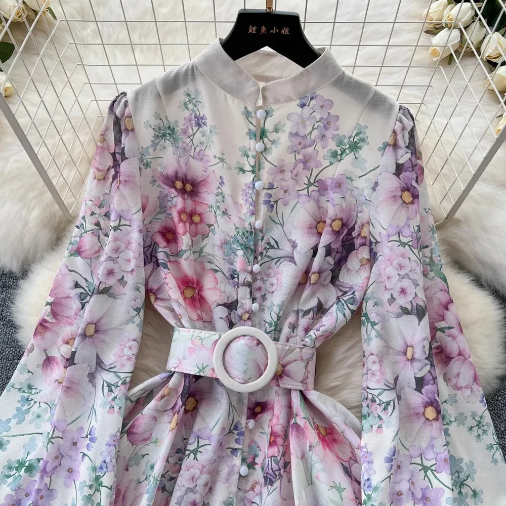 Women Linen Clothing Spring Summer Runway Fashion Flower Print Vintage Dress Stand Neck Long Lantern Sleeve Belted Mini Dress 250322