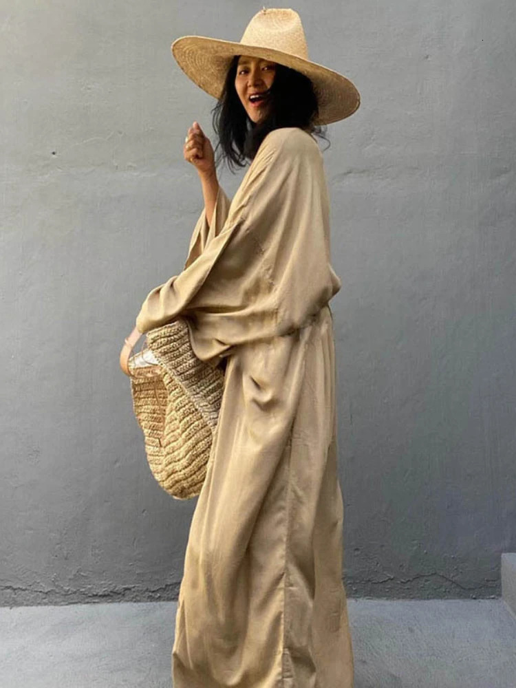 Solid beach cover womens self waistband wrapped kimono dress swimsuit summer beach wear factory supply 250318