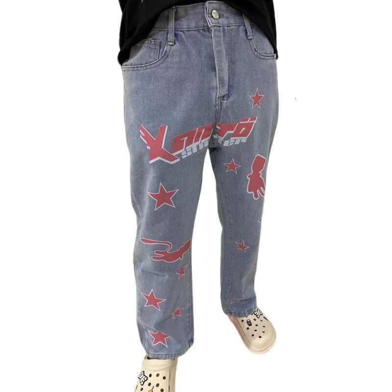 Pentagram Letter Print Jeans 2022 American Hip-Hop Street Couple Retro Loose Fashion Washed Straight Pants Tide Brand Hot Sale