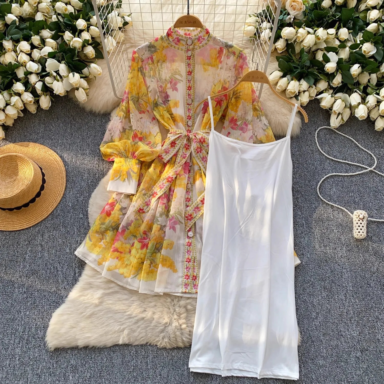Summer Runway Gorgeous Flower Bright Slik Chiffon Dress Women Stand Long Lantern Sleeve Floral Print Lace Up Boho Robe Vestidos 250322