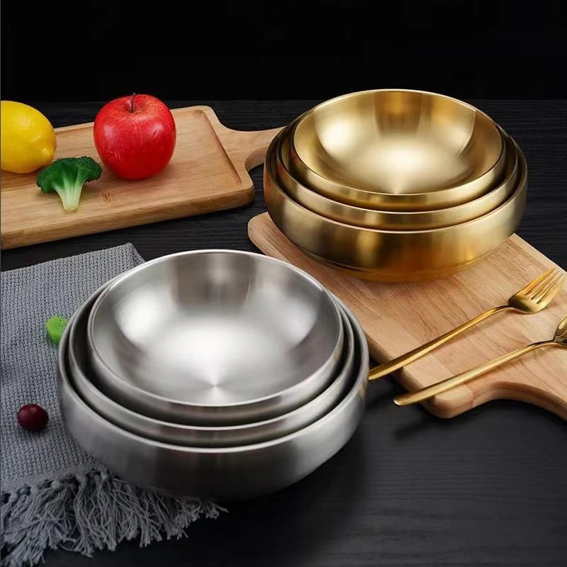 304 Stainless Steel Double Layer Cold Noodle Bowl Gold Silver Korean Style Anti-scald Large Salad Soup Bowls Kitchen Utensils 250314