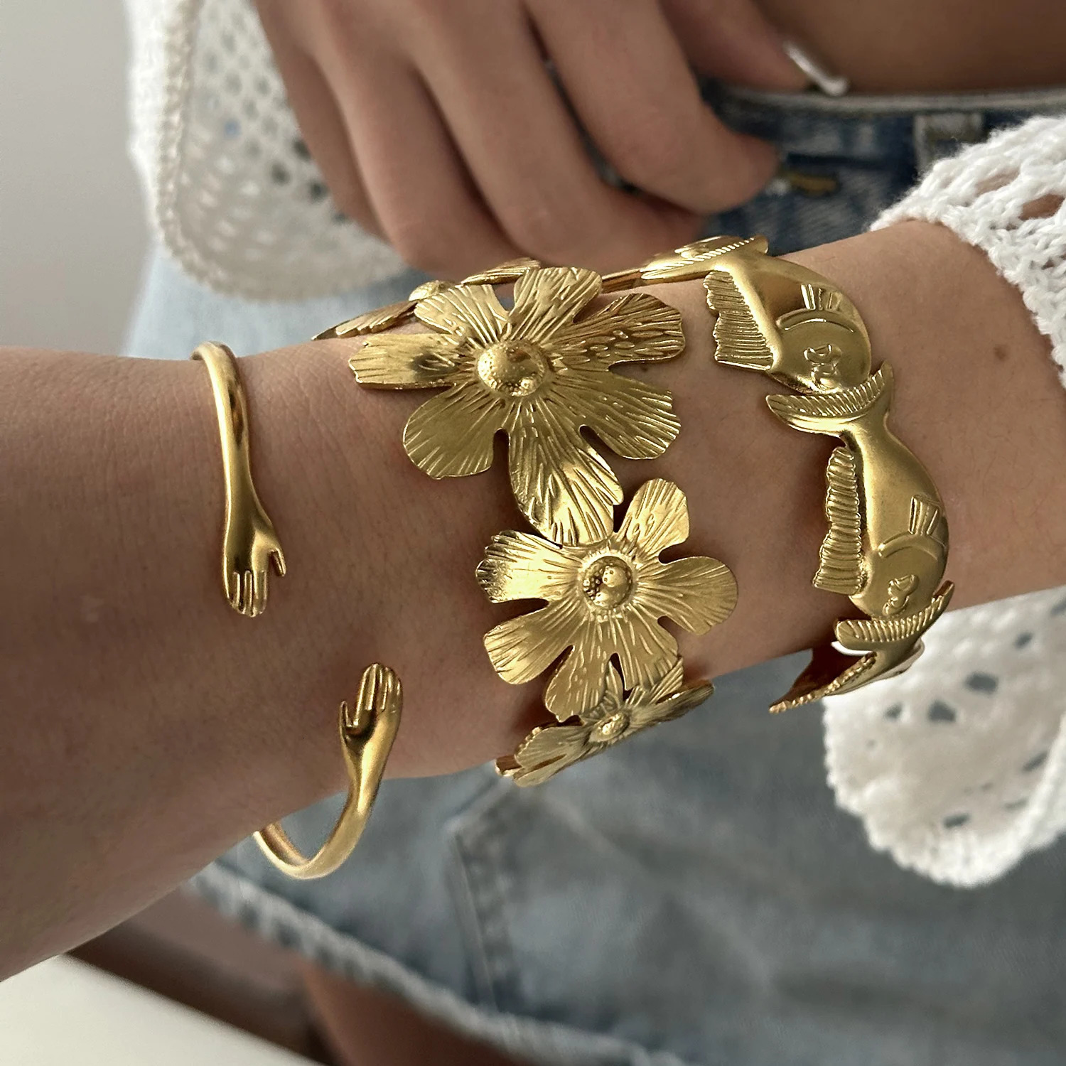 Exaggerated Punk Irregular Wide Cuff Bangle for Women Vintage Gold Color Chunky Metal Bracelets Uni Men Hand Jewelry Gift 250322