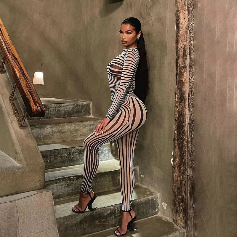 Sexy Hipster Long Sleeve O-Neck Female Streetwear Outfits Mesh Striped Two Piece Set Women Sheath Body-Shaping High Street 250322