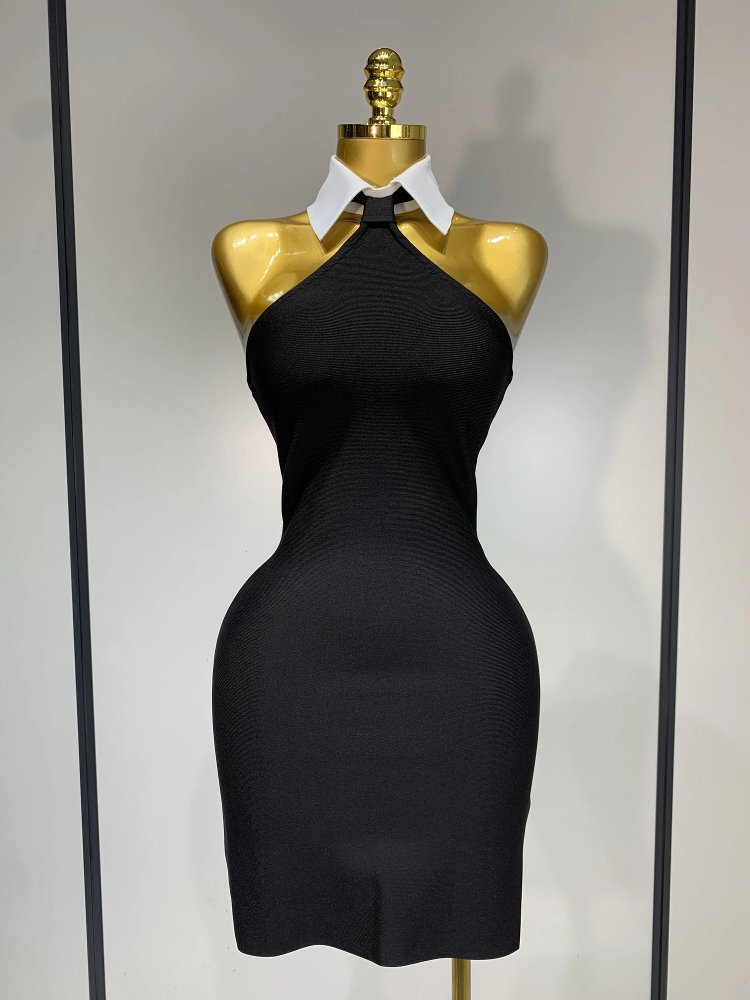 Womens sexy backless white shirt collar black mini body bandage dress elegant nightclub party luxurious birthday 250320