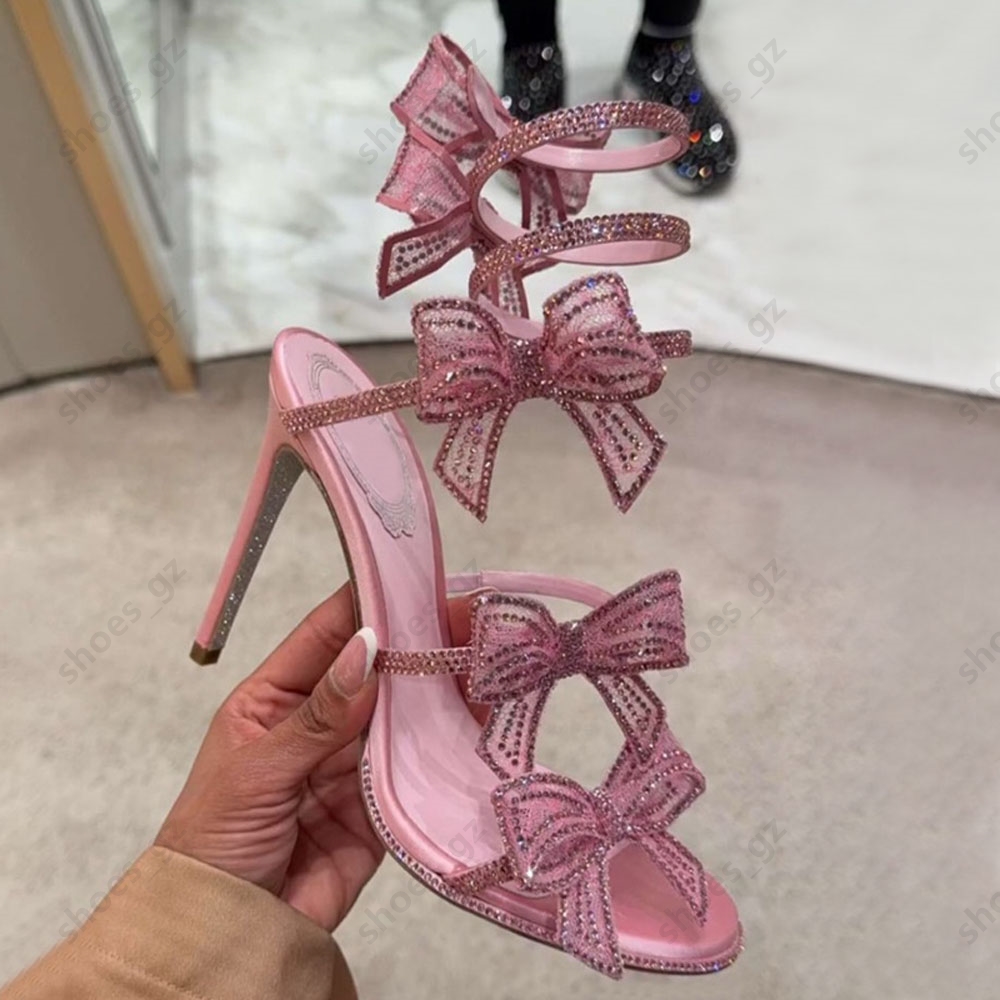 Top quality Rhinestone Bowtie Embellished sandals Pearl Crystals Gem stiletto Heels Evening shoes women high heeled Luxury Designers Wraparound Dress shoes