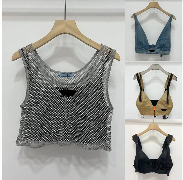 25 Womens Shiny Rhinestone T Shirts Summer Bra Classic Sexy Canvas Suspenders Triangle Label Designer Zipper Tops Functional Nylon Denim Tank Top