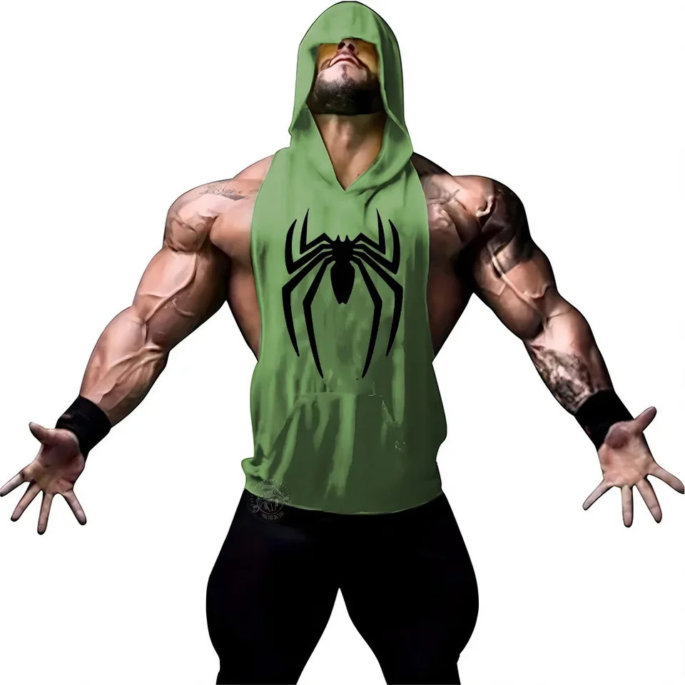 Mens printed spider sleeveless shirt hooded vest outdoor Y2k sports gym boxing breathable top quick drying 250318