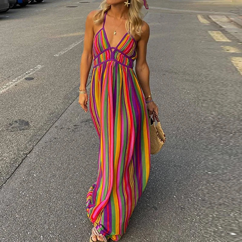 Sexy Ladies V-neck Sleeveless High Waist Long Dress Fashion Hollow Backless Bohemian Dresses Summer Beach Colorful Stripe Dress 250322
