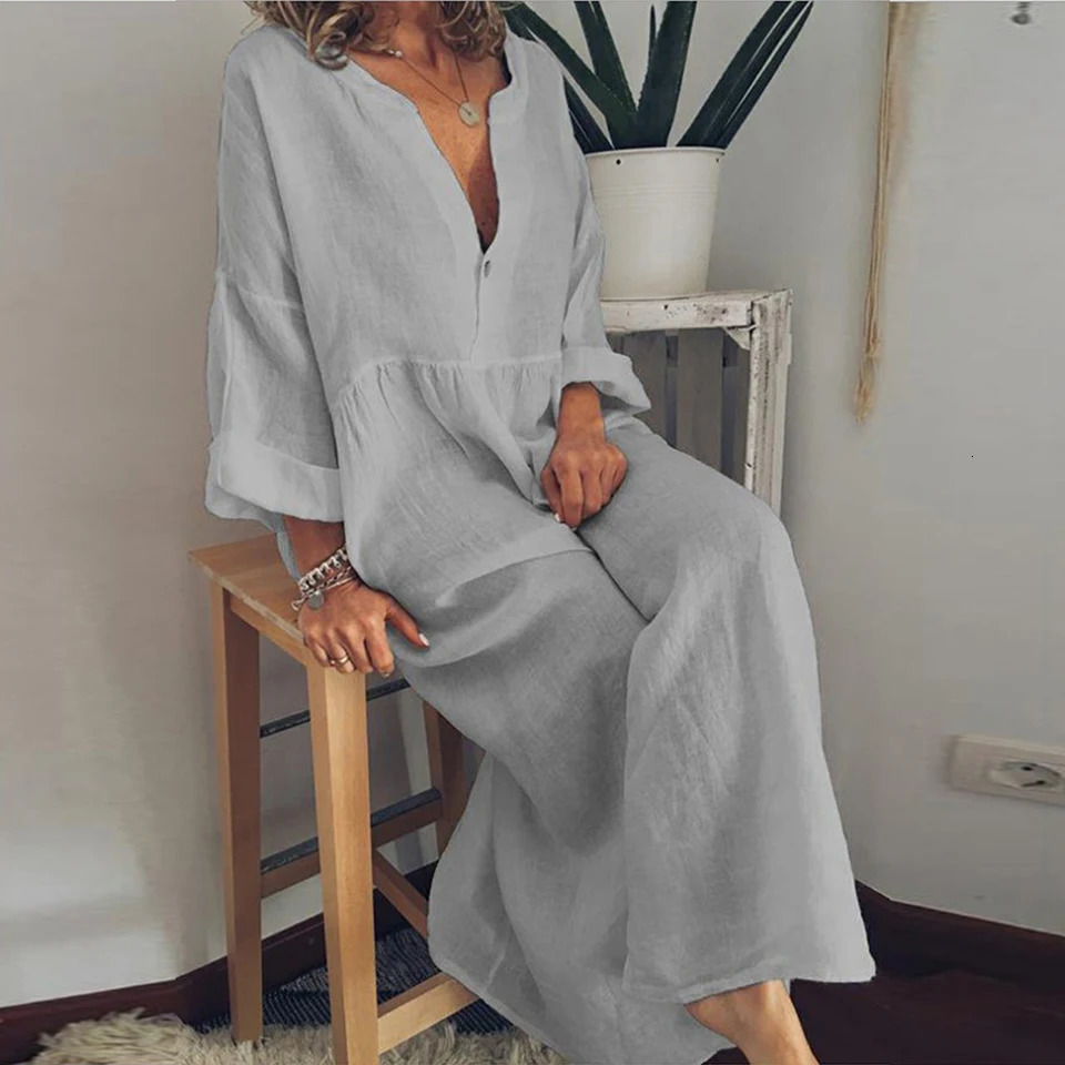 Holiday Casual Shirt Dress Women Solid Color Long Sleeve V-neck Loose Cotton Linen Midi Dress Summer Thin Weekend Street Dresses 250322