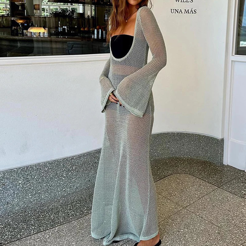 Style Knitted Backless Long Sleeve Dress Ladies Beach Holiday Bikini Cover Up See-Through Beachwear Sunscreen Long Dress 250322