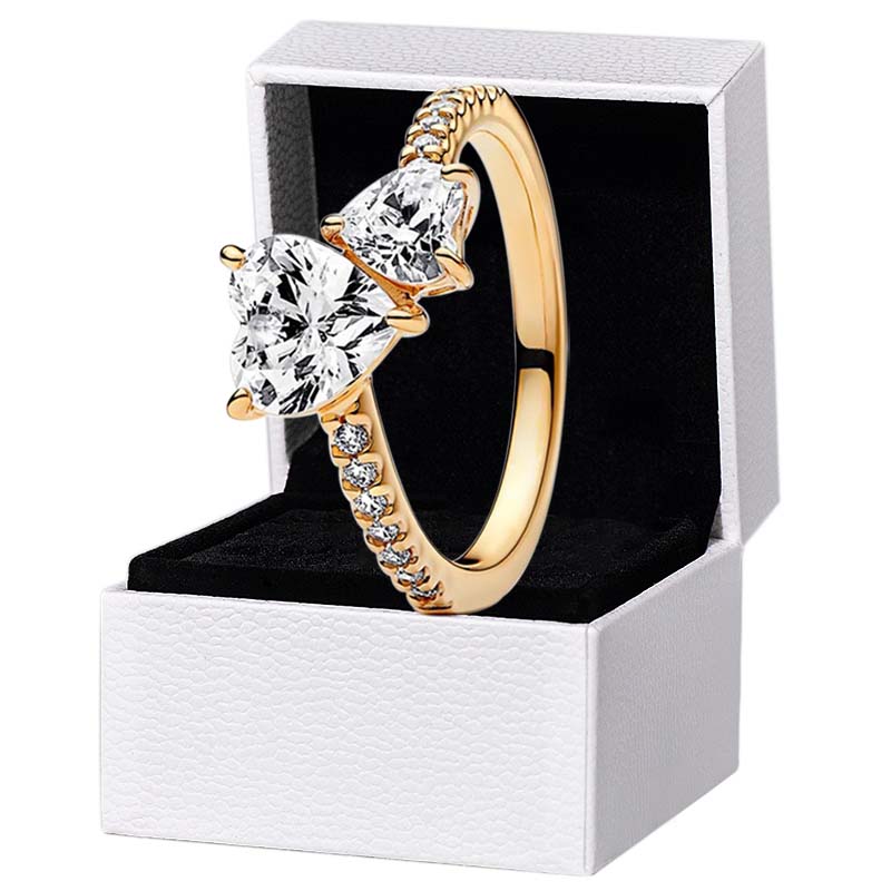 Golden Double Heart Sparkling Ring 18K Gold For Women Wedding Jewelry Set Diamond Hearts Designer Ring with Retail Box Top Quality Wholesale