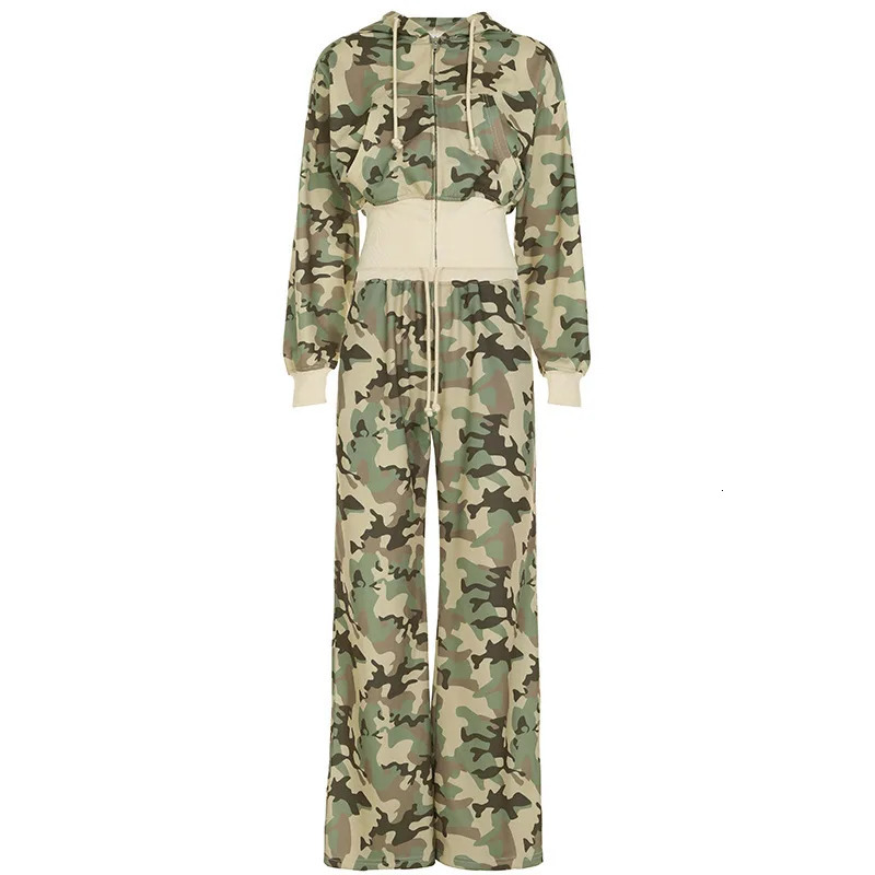 Camouflage Two-piece Personality Set Leisure Street Sports Set Short Waist Hooded Cardigan Jacket And Long And Wide Leg Pant 250322