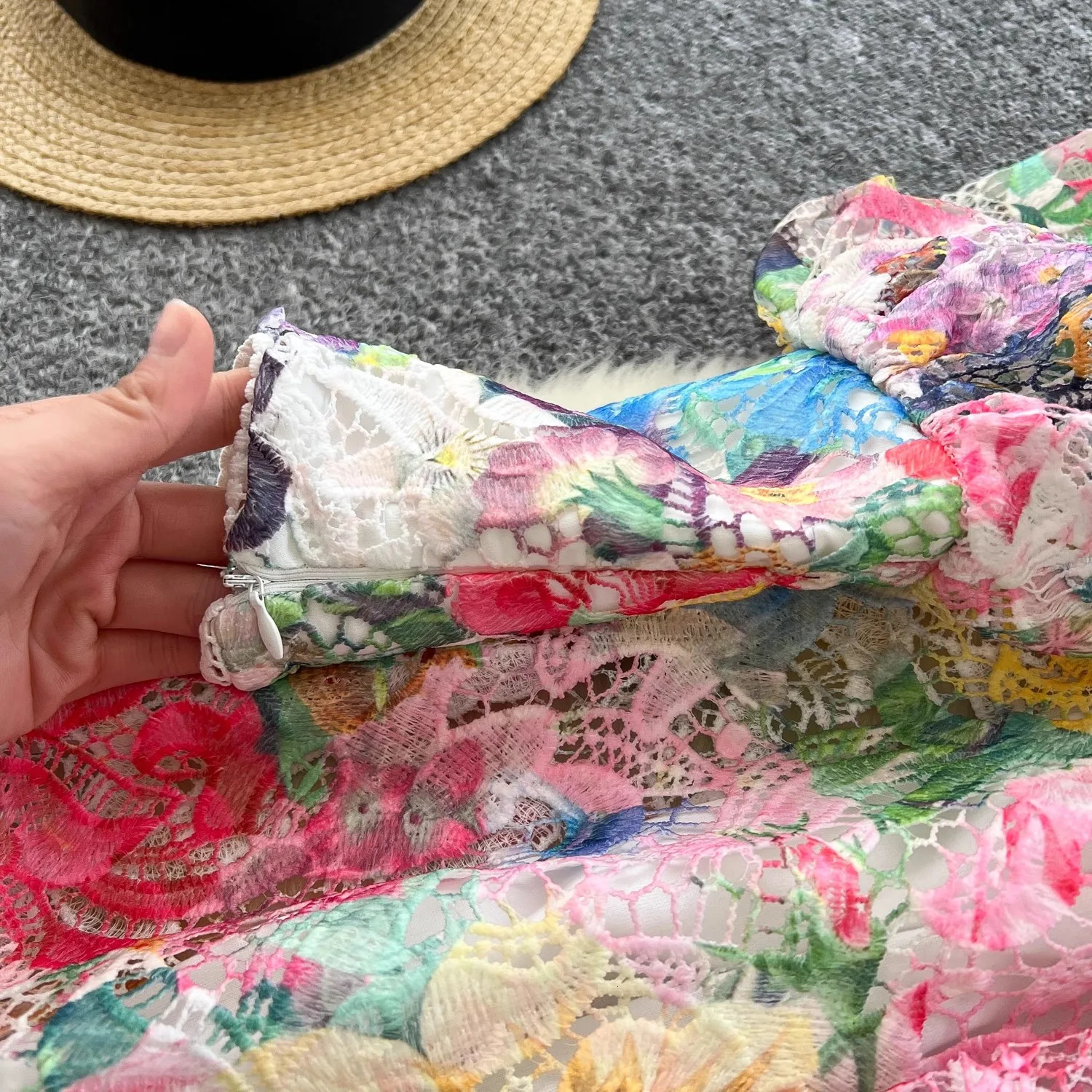 Summer Embroidery Lace Trims Dress Women French Gorgeous Flower Long Lantern Sleeve Belt A-Line Holiday Party Vestidos 250322