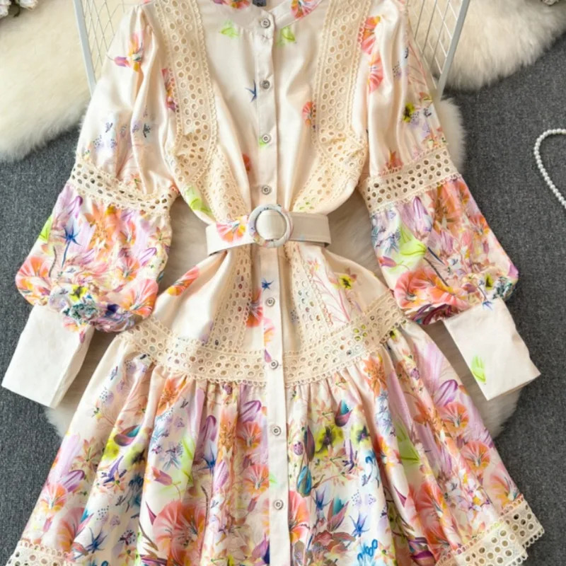 Spring Autumn Lantern Sleeve Women Dresses Lace Floral Korean Fashion Retro Vestidos Mujer Stand Collar Mini Dress