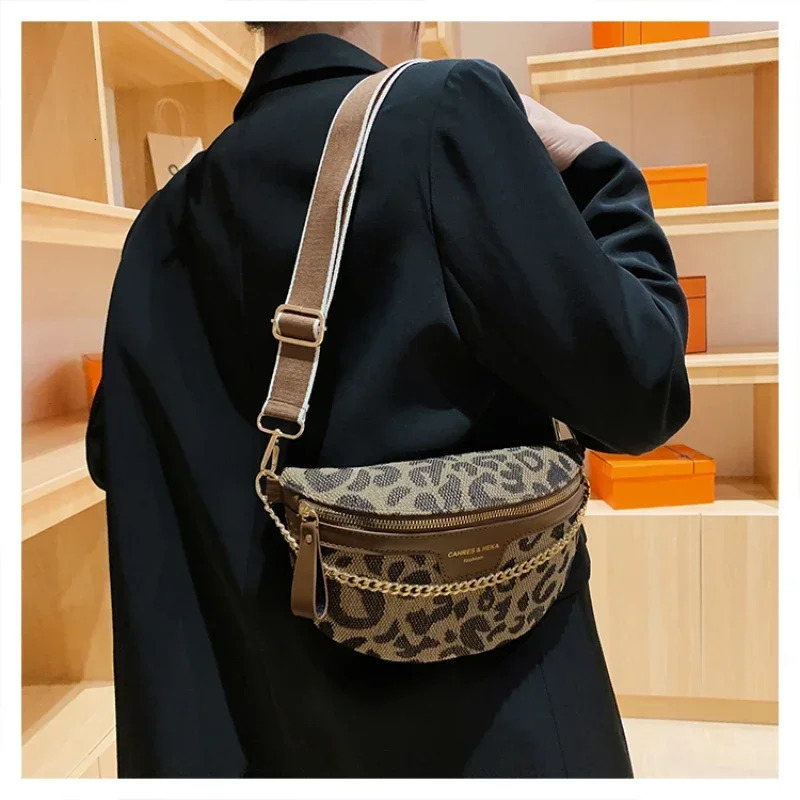 Canvas Leopard Print waist bag chain zipper fashionable chest bag soft Versatile Communicating cross body bag 250318