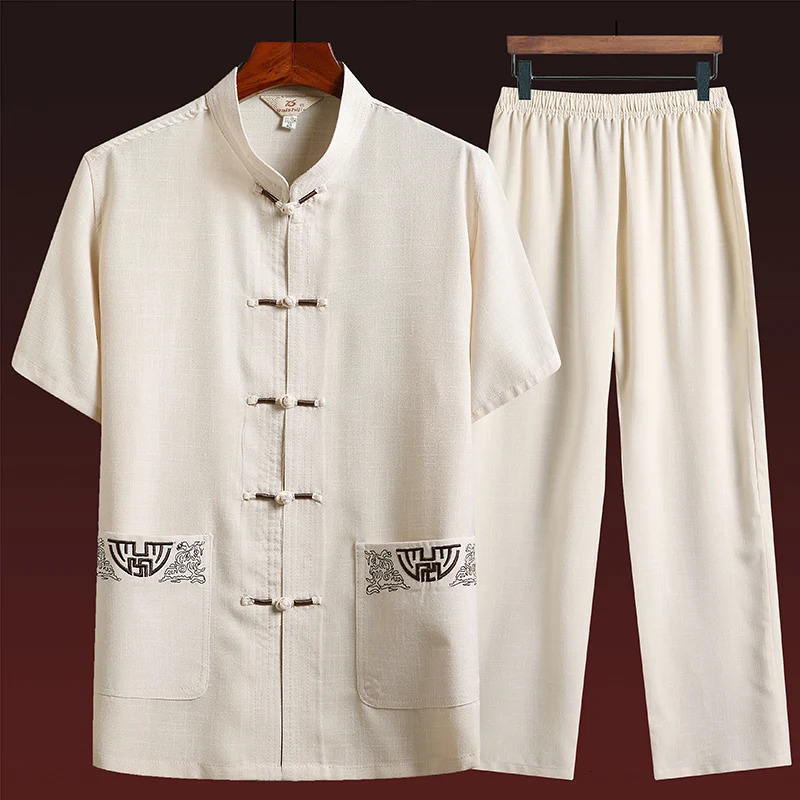 Cotton and linen toppants elderly mens gold silk flat buckle pocket embroidered Tang and Korean clothing set 250318