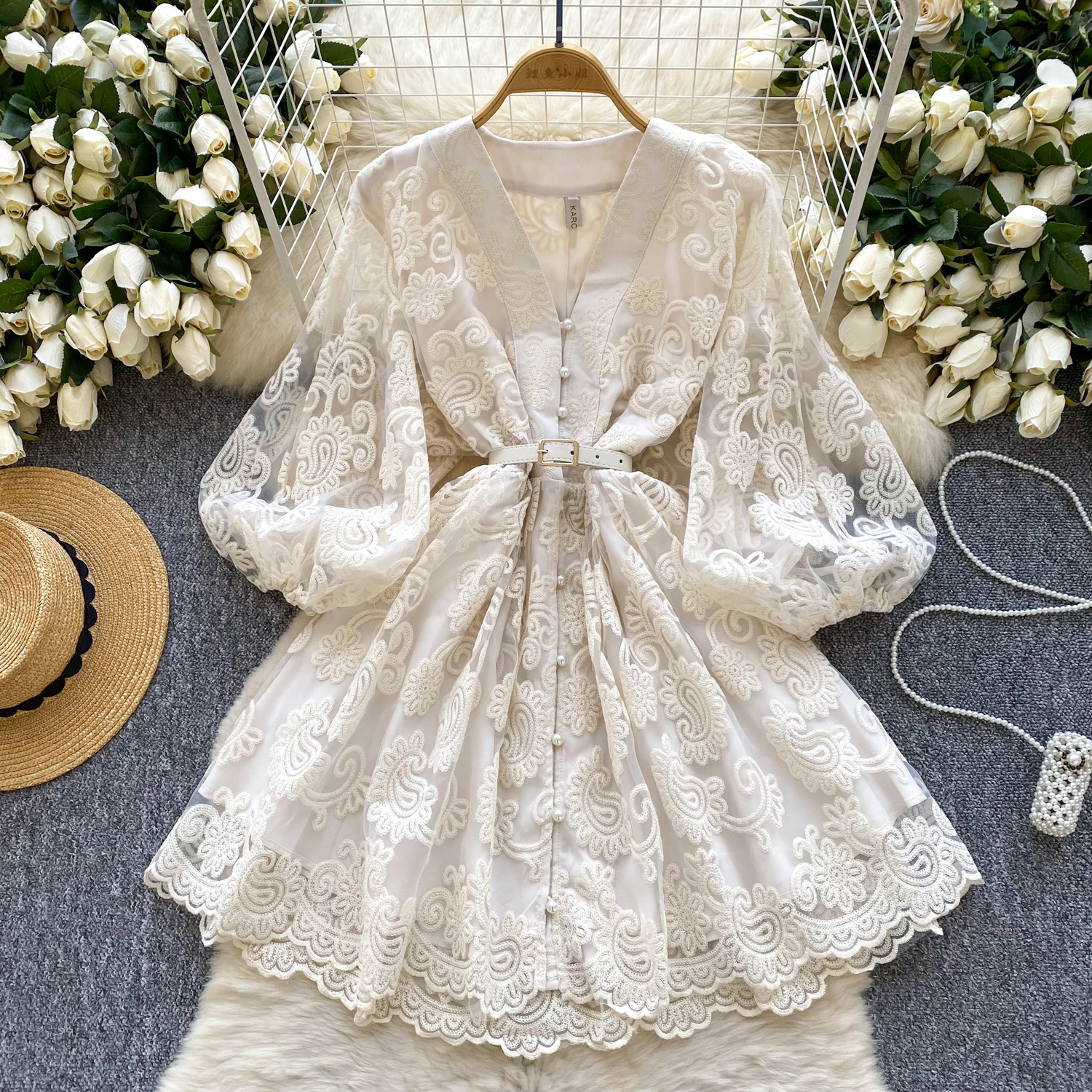 Casual Dresses French Sweet V Neck Lantern Sleeve Mini Dress Summer Women Embroidery Flower Mesh Patchwork Belt Casual Beach A-Line Party Robes 2025