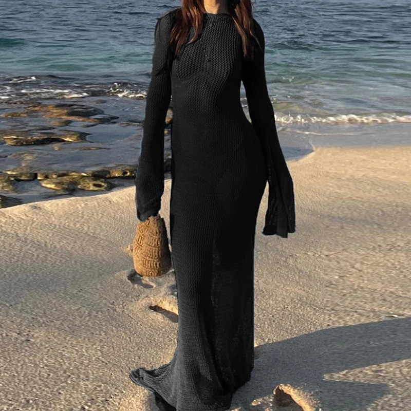 Style Knitted Backless Long Sleeve Dress Ladies Beach Holiday Bikini Cover Up See-Through Beachwear Sunscreen Long Dress 250322
