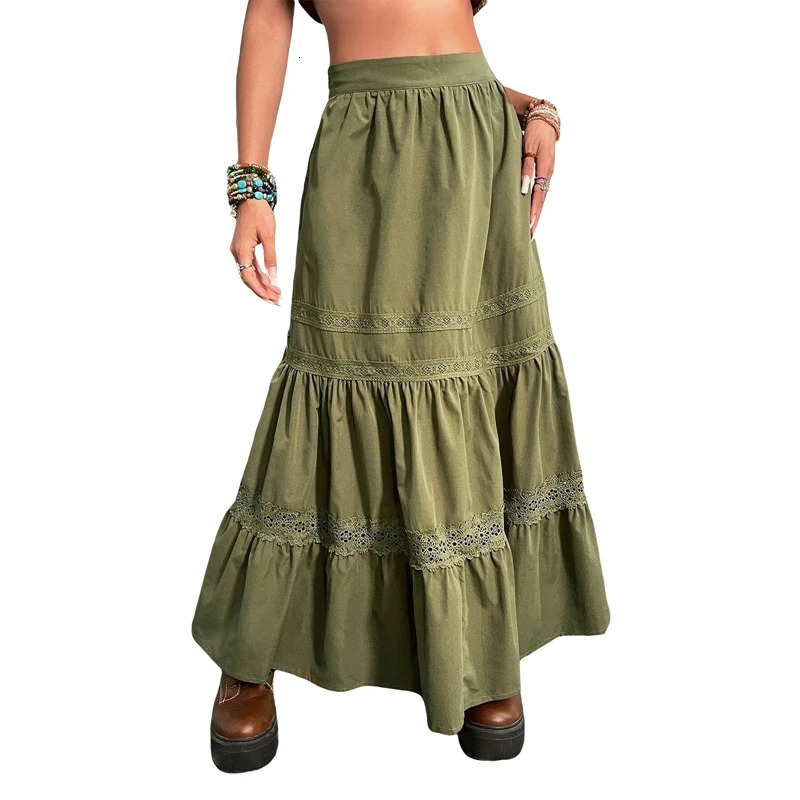 90s Vintage Green Pleated Skirts Korean Fashion Holiday Boho High Waist Long Skirts Retro Y2K Fairycore Cute Lace Trim Clothes 250322