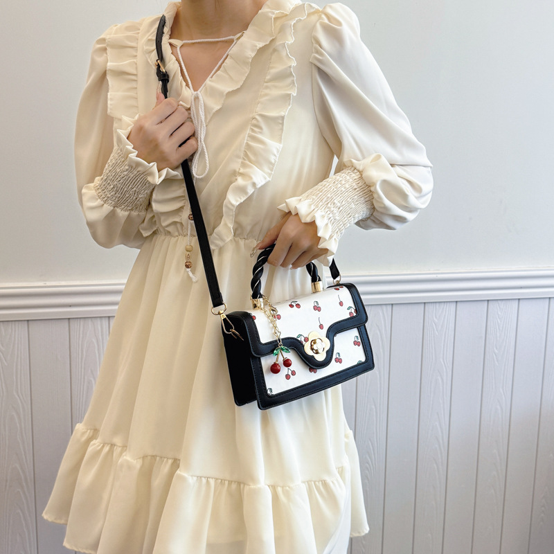 New lovely cherry print crossbody bag twist hand bag small square fresh color contrast design girl bag