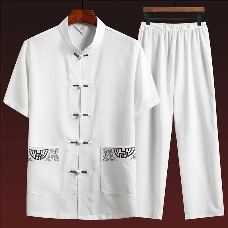 Cotton and linen toppants elderly mens gold silk flat buckle pocket embroidered Tang and Korean clothing set 250318