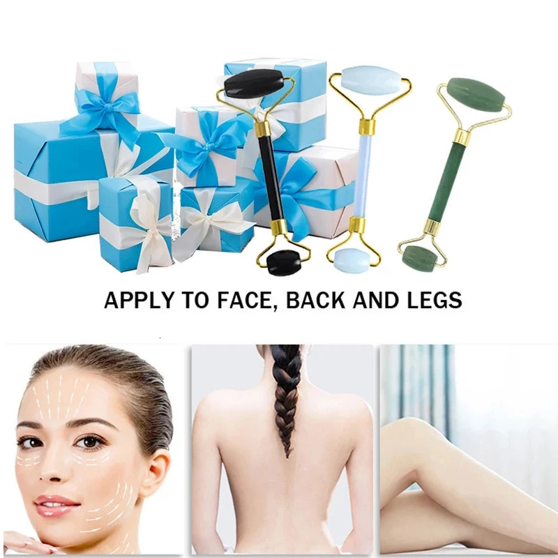 2Pcs Natural Jade Roller Gua Sha Set Face Scraping Roller Massage Tool Jade Massager for Face Eye Neck Anti Aging Muscle Relax 250322