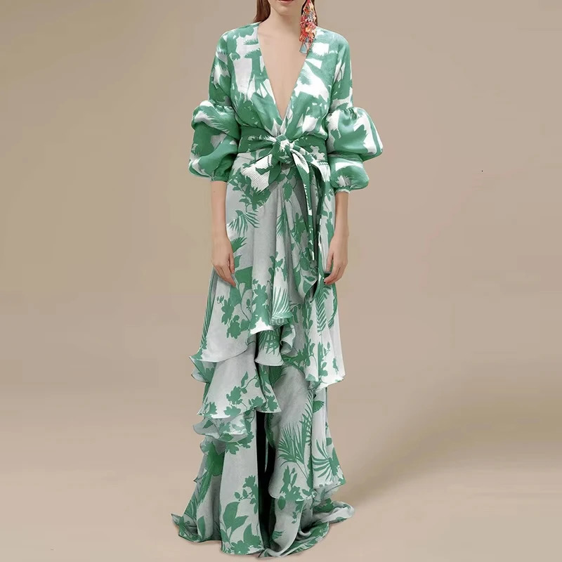Women Retro Print Ruffle Party Dress Elegant Deep V-neck Lantern Sleeve Long Dress Fashion Tie-up Waist Irregular Bohemian Dress 250322