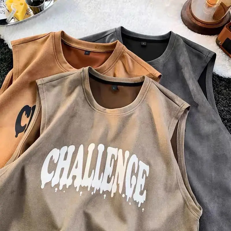 Suede Heavy Vest Mens Summer Retro Sleeveless T-shirt Loose All Games Sports Student Trends Y2K Top Mens Clothing 250318