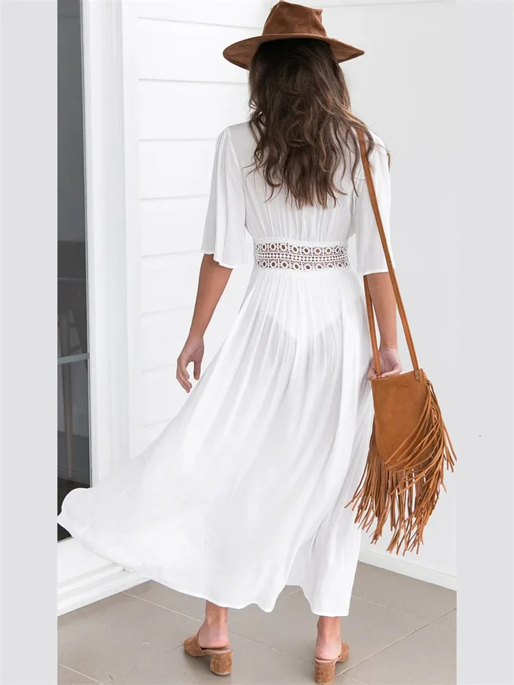 Summer Bikini Cover-ups Women Bohemian Beach Long Dress Short Sleeve Lace Hollow Out Cardigan Swimwear Cover Ups Beachwear 250317