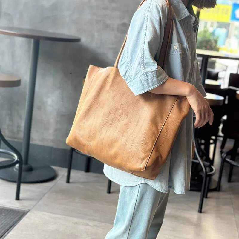 Johnature 2025 New Autumn Winter Large Shopping Genuine Leather Casual Simple Solid Color Lightweight Women Tote Bag