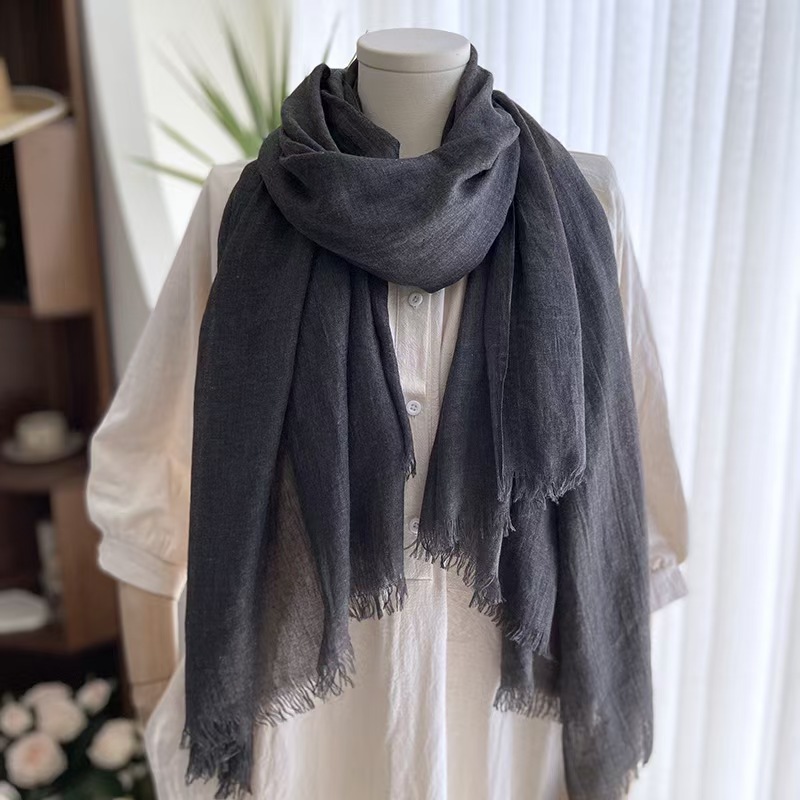 T338 cotton and linen solid color scarf female summer sun protection medium long gauze scarf Japanese and Korean literary beach long scarf travel neck