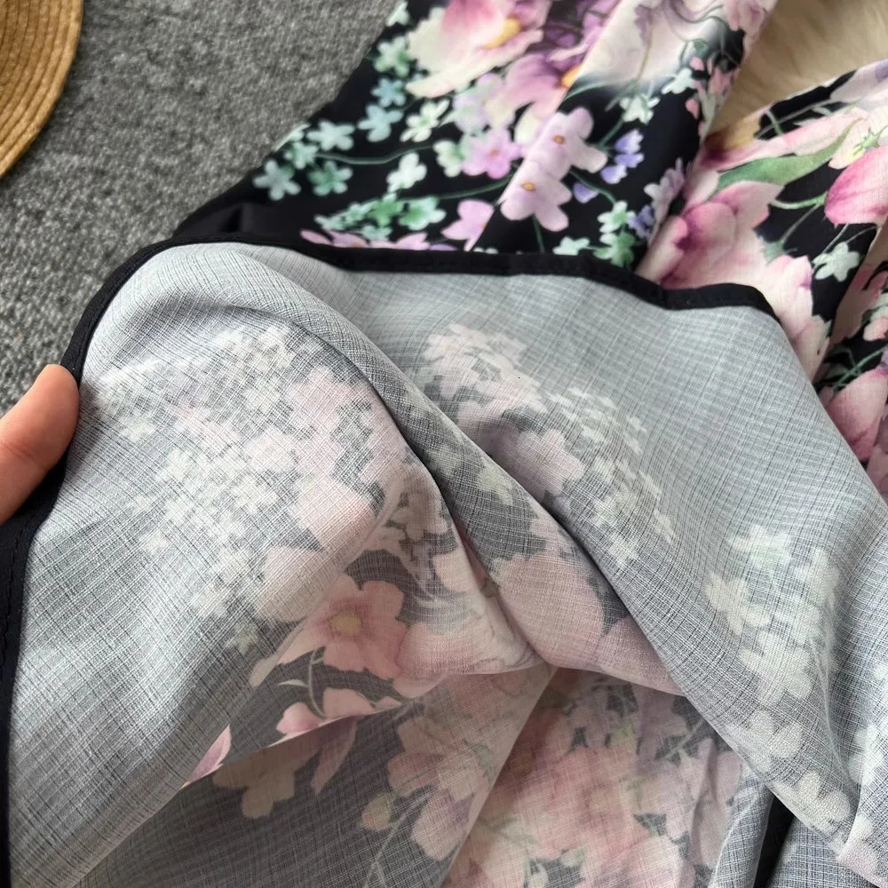 Women Linen Clothing Spring Summer Runway Fashion Flower Print Vintage Dress Stand Neck Long Lantern Sleeve Belted Mini Dress 250322