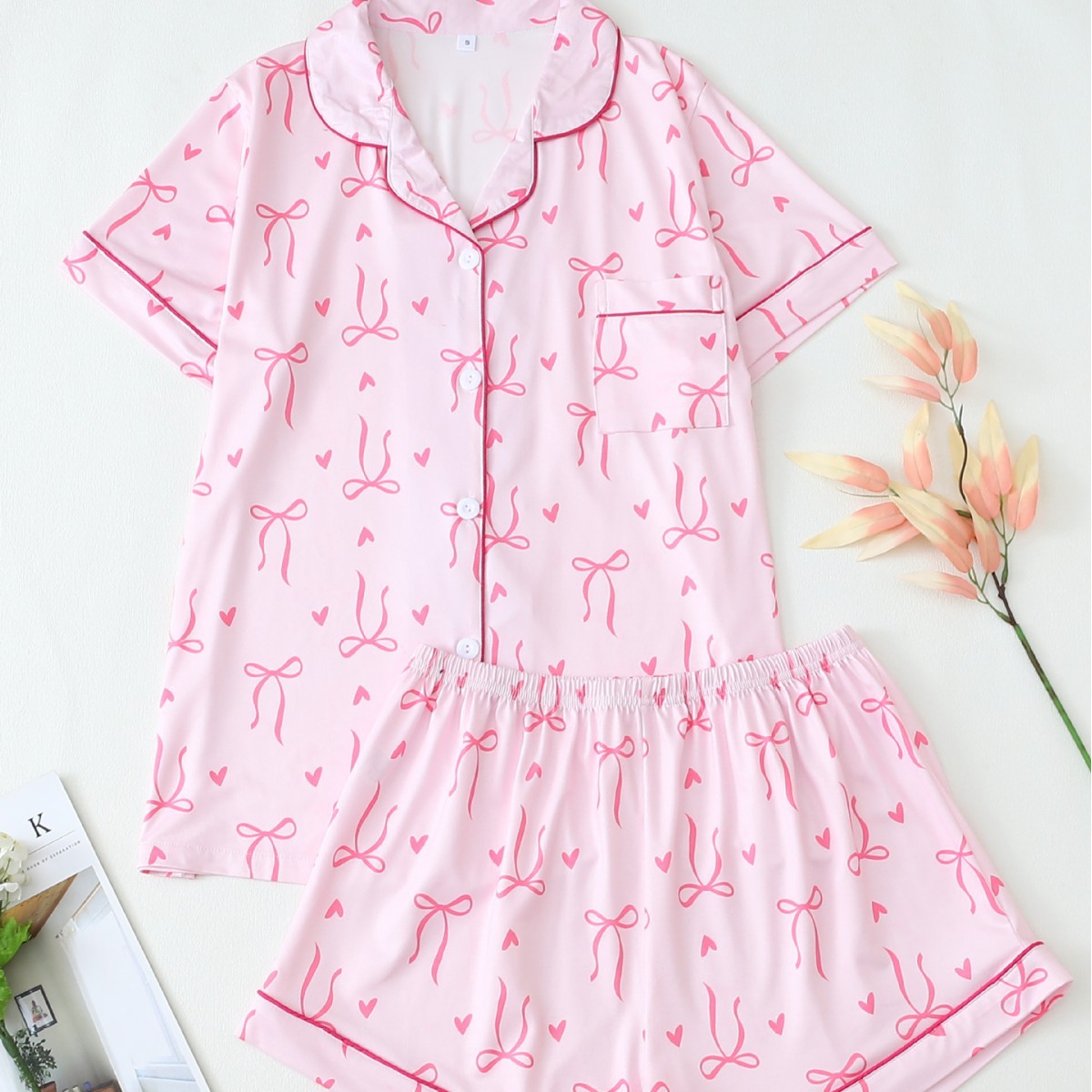 Women's Sleep & Lounge Bow print milk silk short sleeved shorts pajamas home clothes