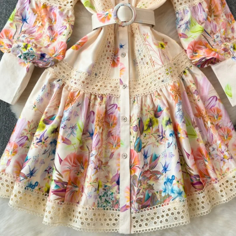 Spring Autumn Lantern Sleeve Women Dresses Lace Floral Korean Fashion Retro Vestidos Mujer Stand Collar Mini Dress