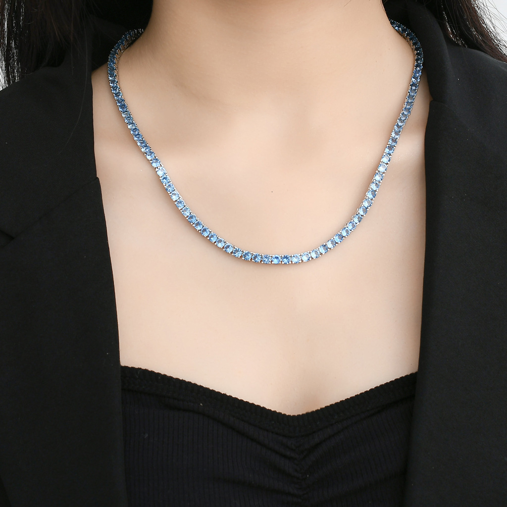 New hip hop tennis chain sea blue zircon 4mm zircon mens and womens necklace tennis chain
