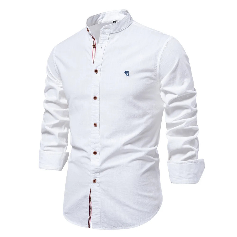 100% Cotton Linen Shirt Men Solid Color Embroidery Shirts Blouses High Quality Long Sleeve Button Down Casual Tops 250322