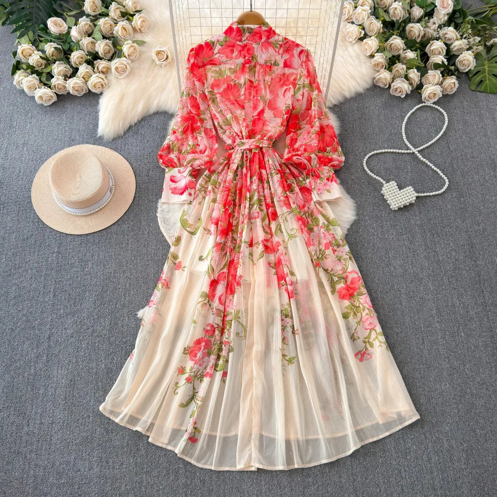 Neploe Sweet Print Lace Up French Style Femme Robe Stand Collar Lantern Sleeve Slim Fit Mujer Chiffon Ruched High Waist Dresses 250322