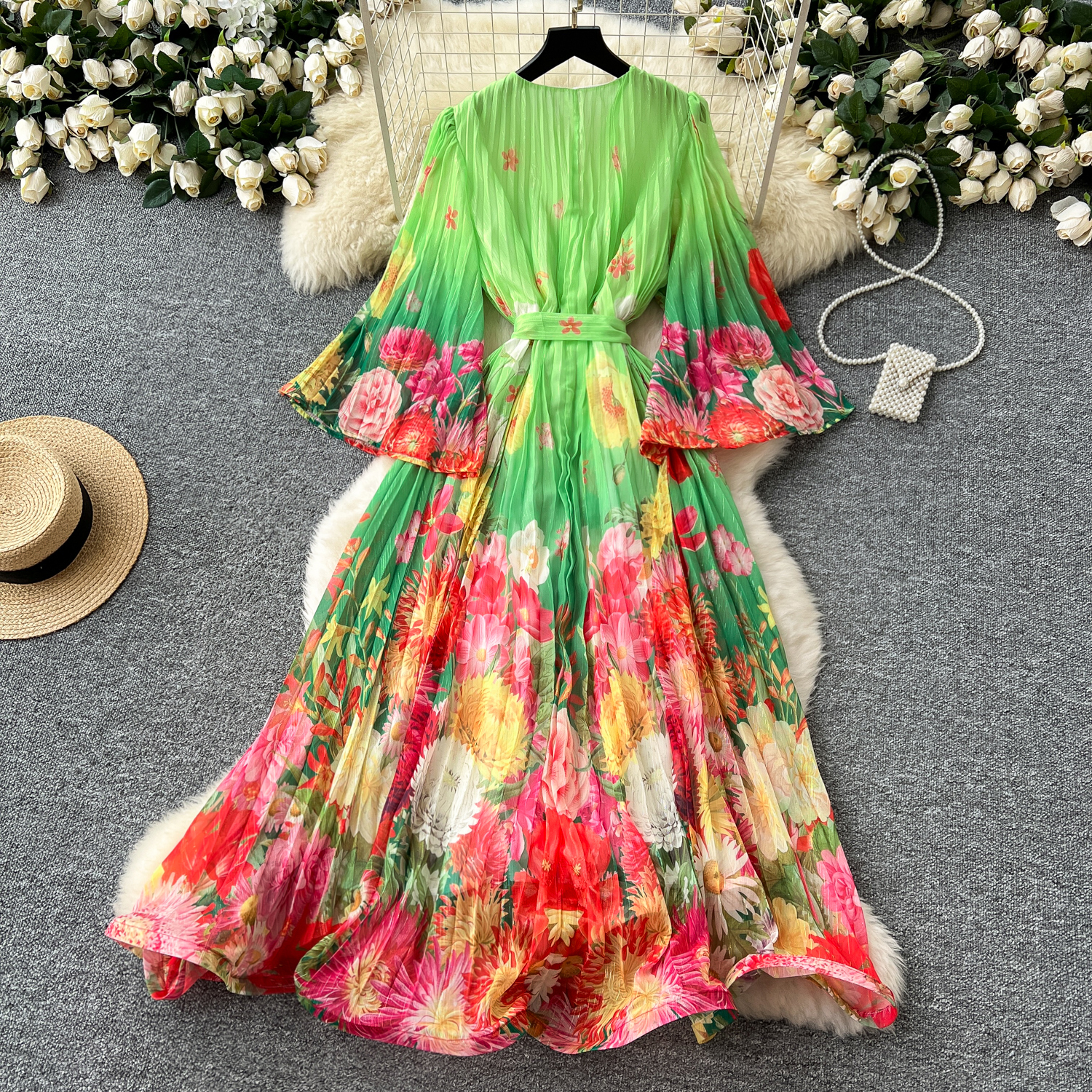 Basic Casual Dresses Summer A Line 2025 Bohemain Gorgeous Flower Bandage Lace Up Bright Silk Chiffon Dress Women Holiday V-Neck Flare Sleeve Loose Rob