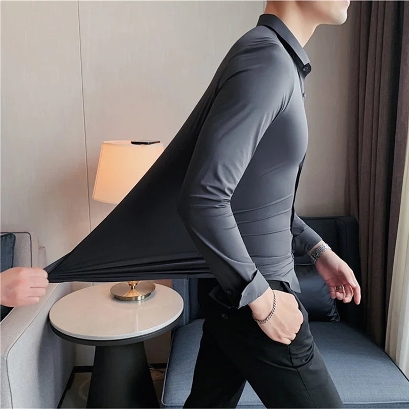 High Elasticity Seamless Mens Shirt Long Sleeve Ultra Thin Casual Shirt Solid Color Business Formal Dress Party Shirt 4XL-M 250321