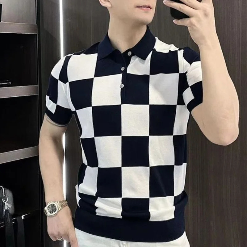 2024 Summer European Fashion Short Sleeved Lapel Checkerboard Patchwork Polo Shirt Slim Fit Business Casual Tshirt for Men 250321