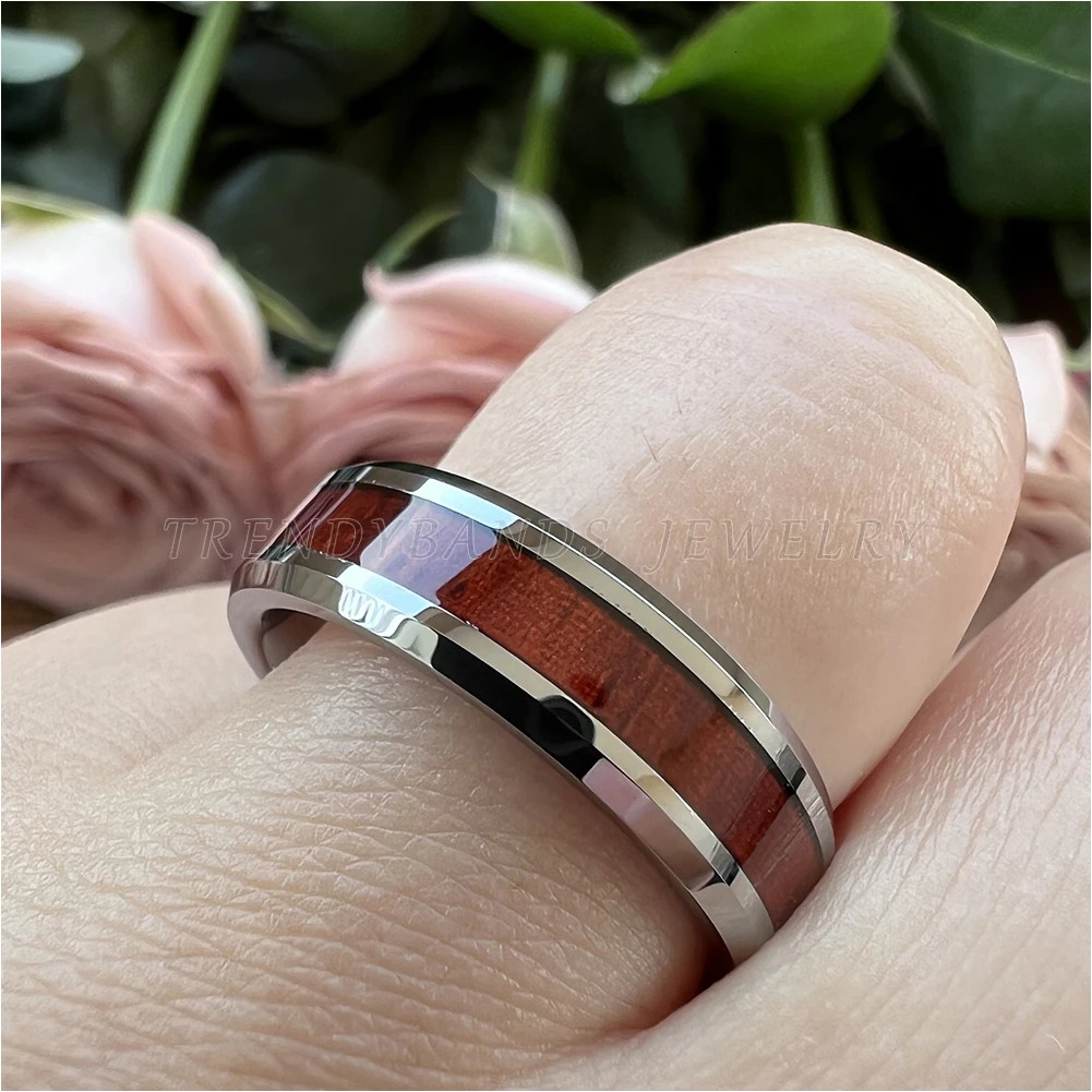 6mm Koa Wood Inlay Tungsten Carbide Ring for Women Men Fashion Engagement Wedding Band Beveled Comfort Fit 250319