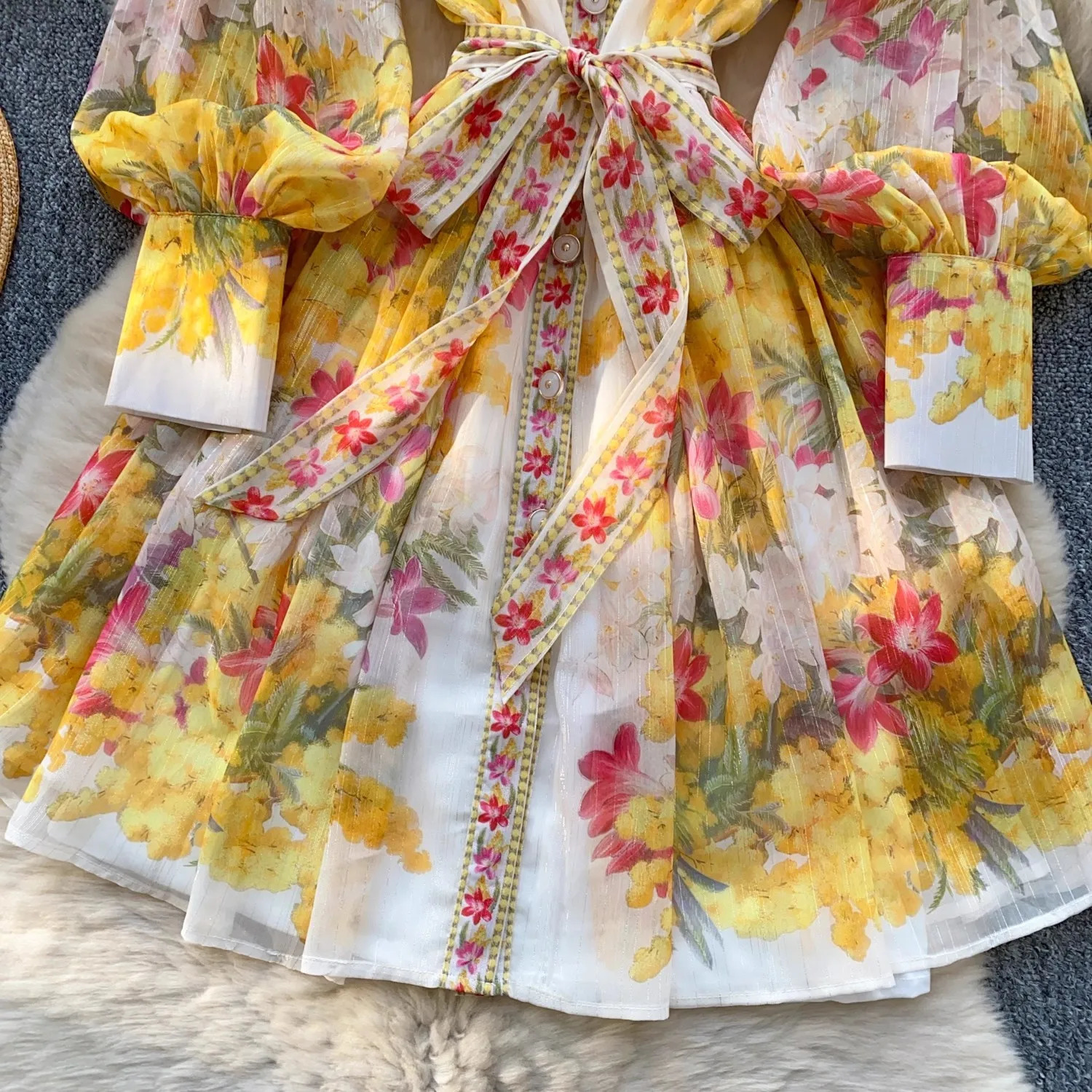 Summer Runway Gorgeous Flower Bright Slik Chiffon Dress Women Stand Long Lantern Sleeve Floral Print Lace Up Boho Robe Vestidos 250322